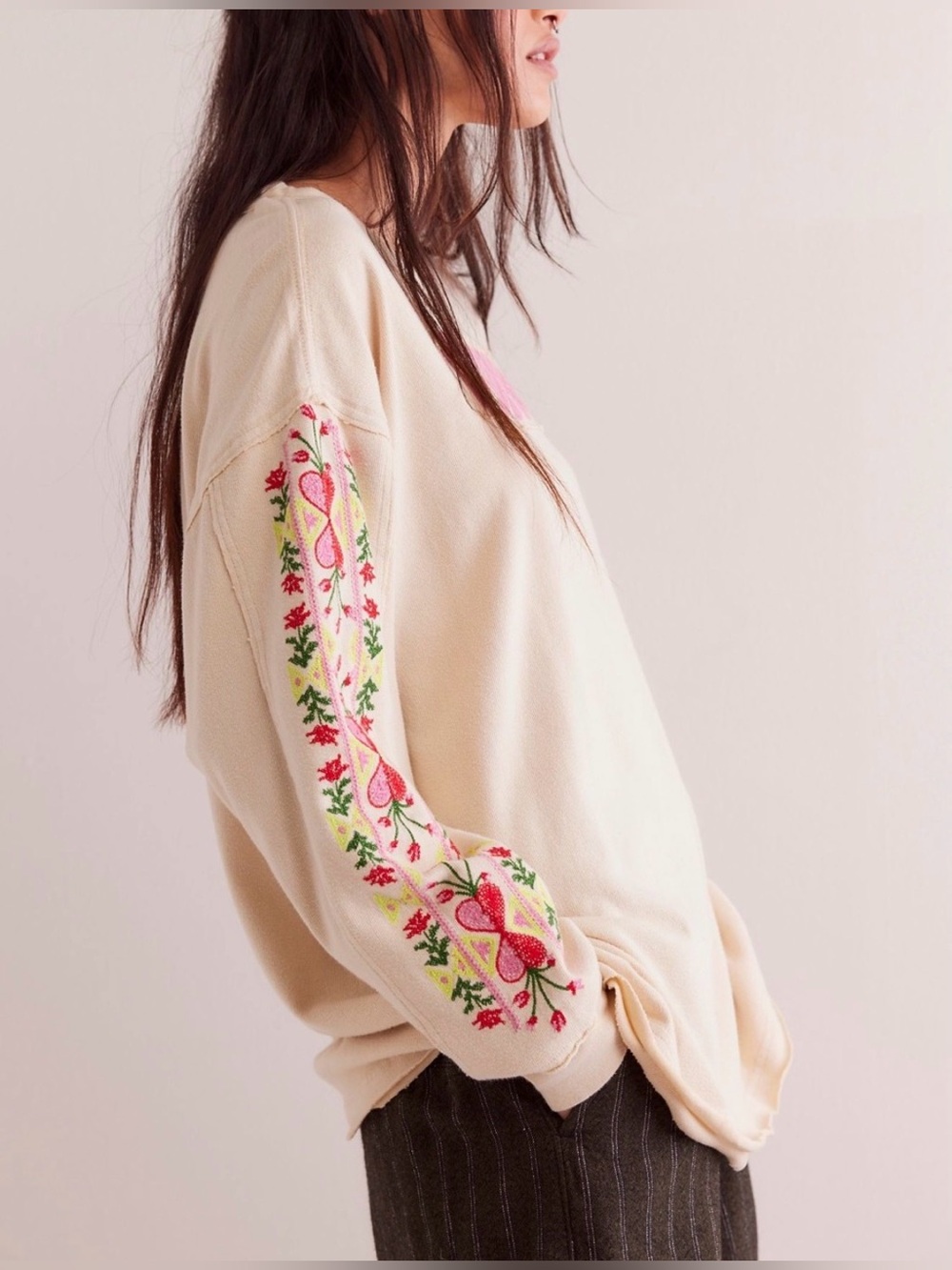 Free People All My Heart Tee in ivory Embroidered Bear Crewneck Sweatshirt - Picture 11 of 12